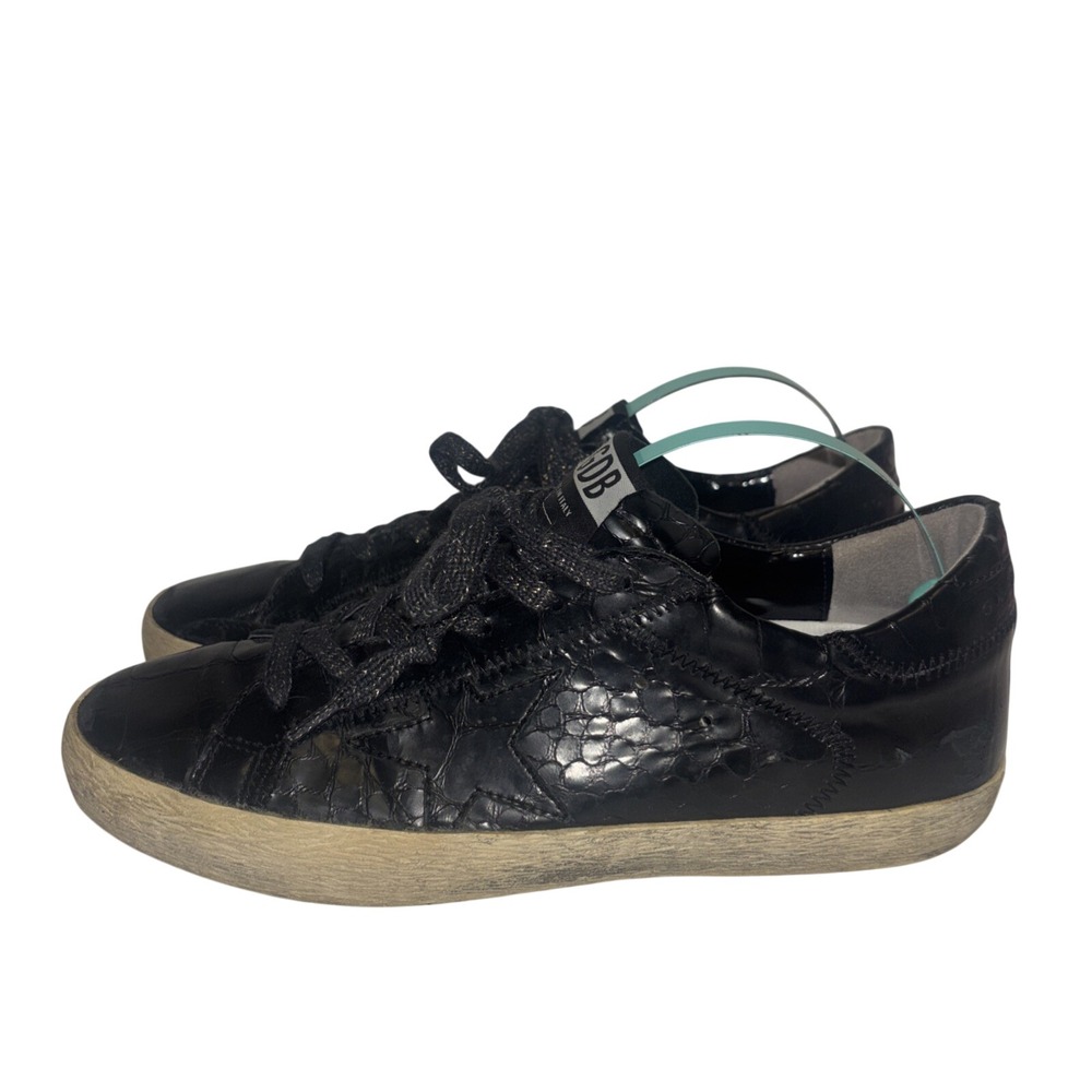 Golden Goose Super-Star Black Croc Embossed Leather Sneakers Lurex Laces GGDB